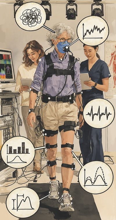 An older woman walks on a treadmill in a lab wearing sensors and a metabolic mask, surrounded by plots of biomechanical and neural signals.