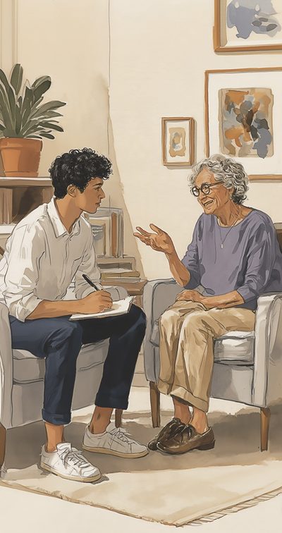 A researcher takes notes while listening to an older woman describe her experiences in a living room.