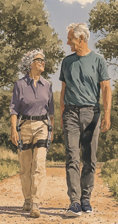 An older woman wearing a hip exoskeleton walks along an outdoor trail with a companion.